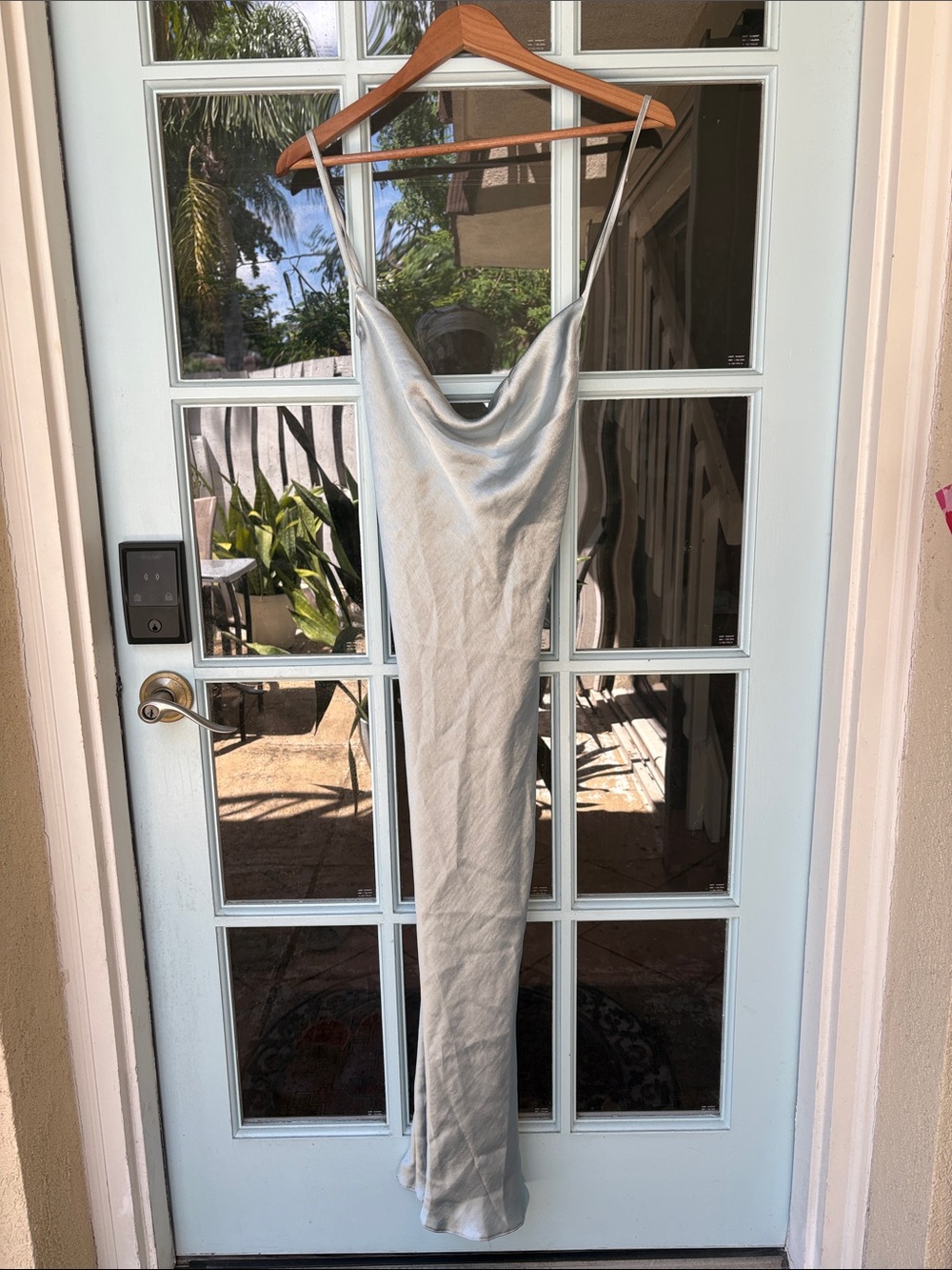 Light Blue Satin Cowl Neck Midi Slip Dress